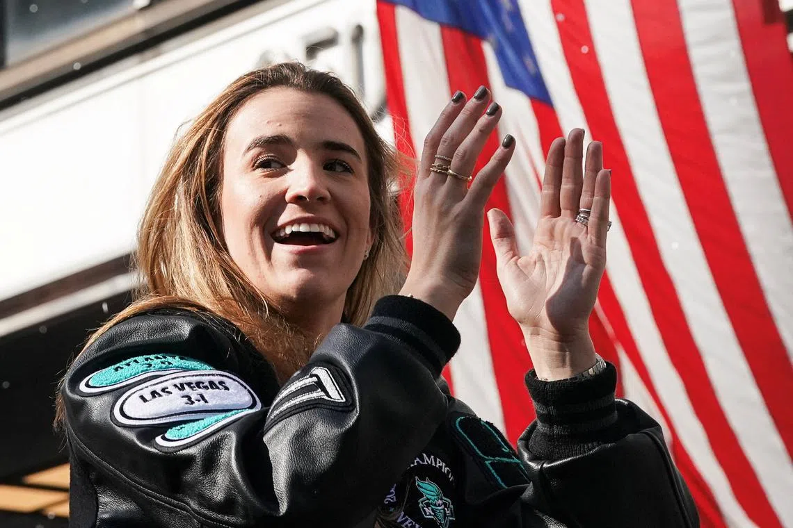 FILE PHOTO: Basketball player Sabrina Ionescu reacts during the celebration of the New York Liberty's 2024 WNBA's Championship title ticker tape parade through the Canyon of Heroes along Broadway in New York City, U.S., October 24, 2024. REUTERS/David Dee Delgado/File photo