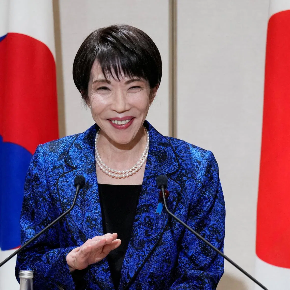 Japanese Prime Minister Sanae Takaichi speaks during a joint news conference with South Korean President Lee Jae Myung (not pictured) after their talk in Nara, western Japan, January 13, 2026. Eugene Hoshiko/Pool via REUTERS