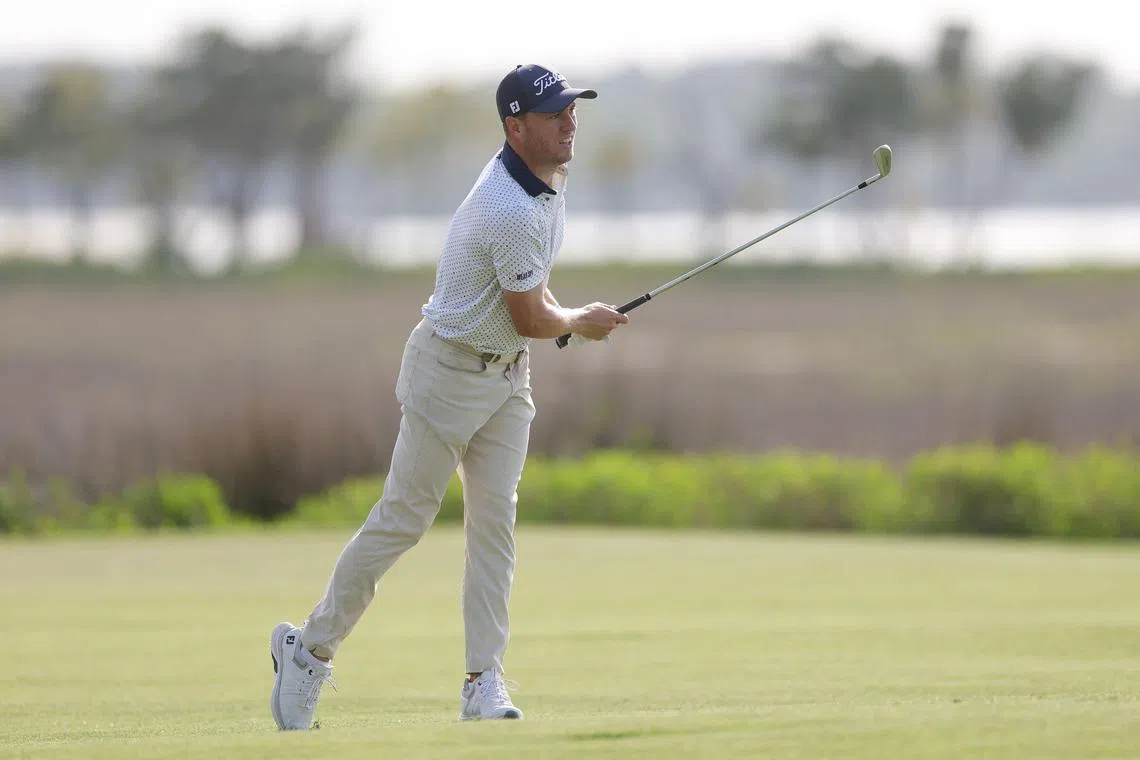 Justin Thomas of the United States plays a shot on the 18th hole during the second round of the RBC Heritage.