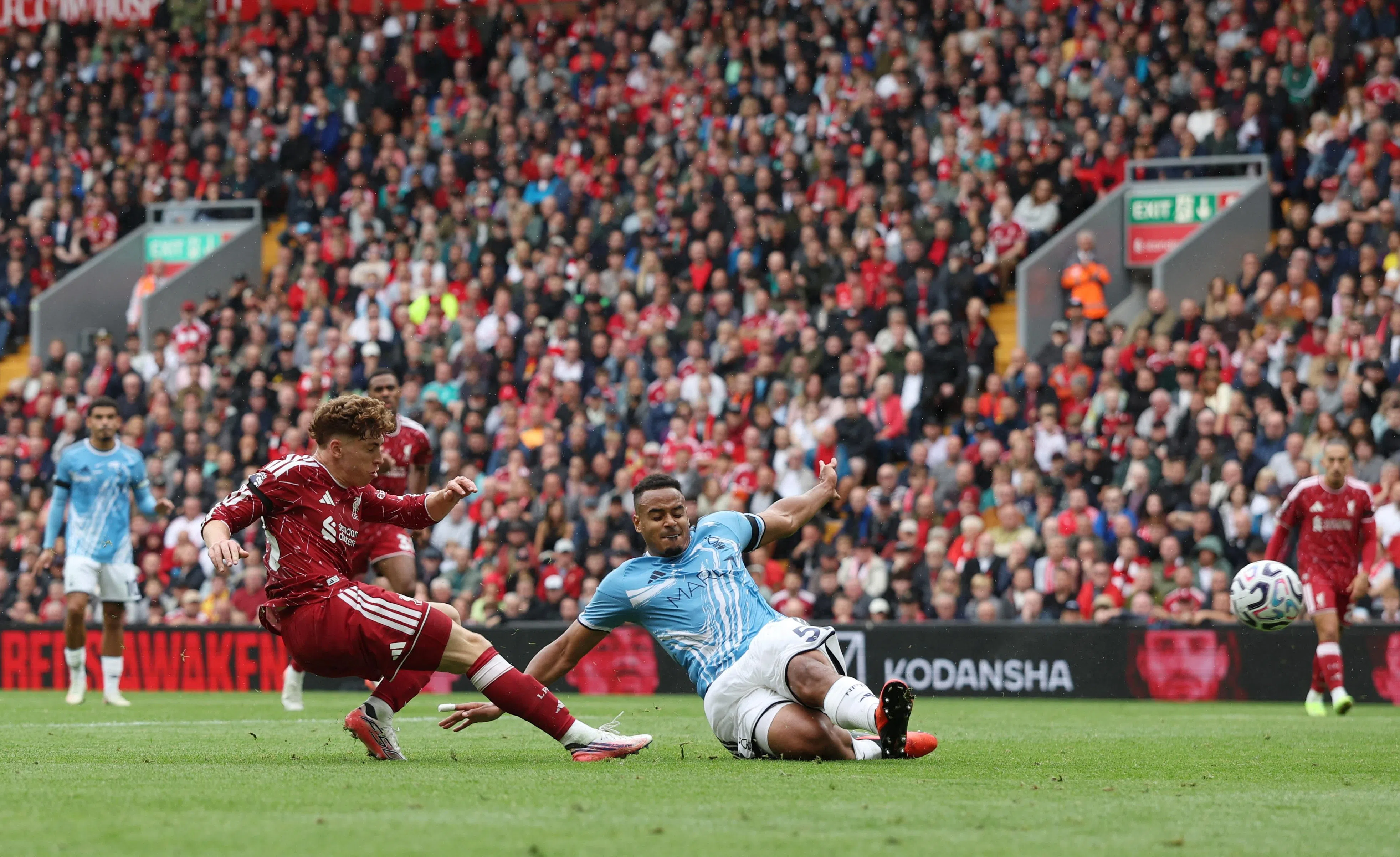 Liverpool’s Victor Munoz scores their second goal, to equalise against Nottingham Forest.