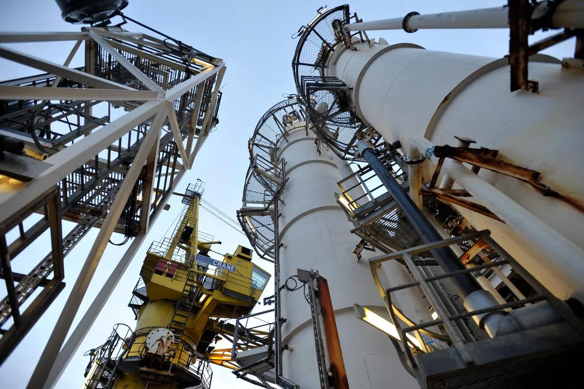 In this file photo taken on February 23, 2014 a section of the BP ETAP (Eastern Trough Area Project) oil platform is pictured in the North Sea, around 100 miles east of Aberdeen, Scotland. - BP said on November 1, 2022, that underlying third-quarter profit more than doubled on high commodity prices after Russia's assault on Ukraine. (Photo by Andy BUCHANAN / POOL / AFP)