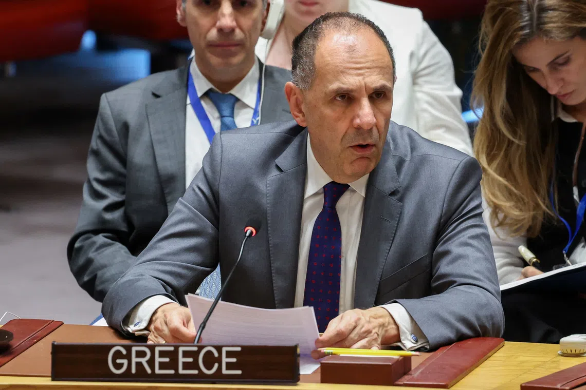 FILE PHOTO: Greece's Foreign Minister Giorgos Gerapetritis speaks during a meeting of the United Nations Security Council, at U.N. headquarters in New York City, U.S., July 17, 2025. REUTERS/Kylie Cooper/File Photo