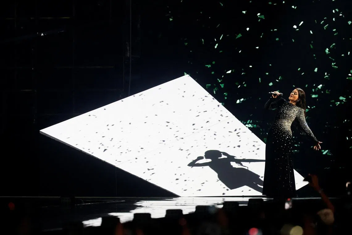 Atvara, representing Latvia, performing the song Ena during the second semi-final of the 2026 Eurovision Song Contest, in Vienna, Austria, May 14.