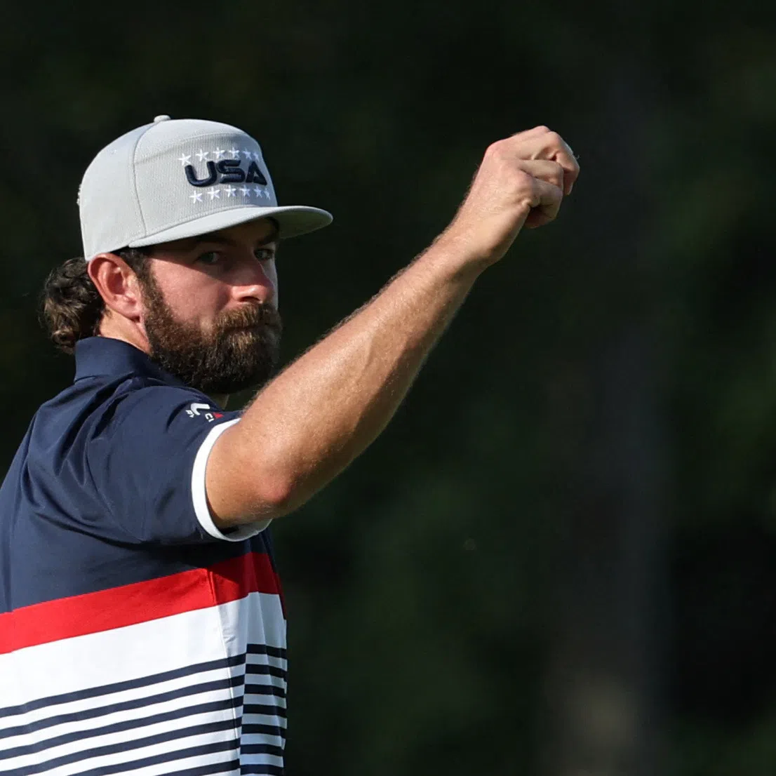 Golf - The 2025 Ryder Cup - Bethpage Black Golf Course, Farmingdale, New York, United States - September 26, 2025  Team USA's Cameron Young celebrates winning the hole on the 12th hole during the four-balls REUTERS/Brendan Mcdermid