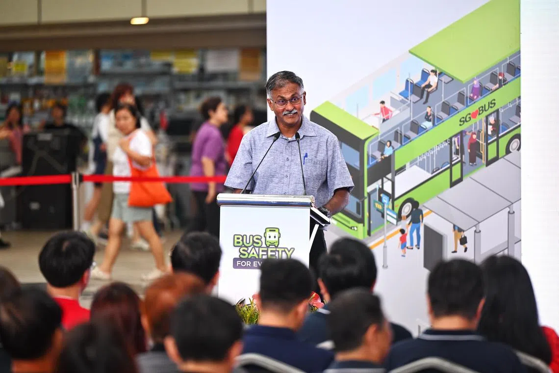 Mr Murali Pillai, Senior Minister of State for Transport, at the opening of the inaugural Bus Safety Roadshow at Toa Payoh HDB Hub Atrium on Aug 23, 2025. 

ST PHOTO: AZMI ATHNI