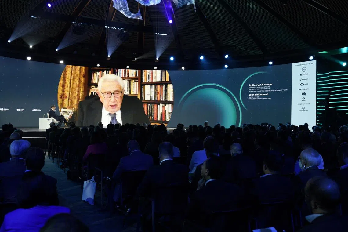 Henry Kissinger, former US Secretary of State, speaks virtually during the Bloomberg New Economy Forum in Singapore, on Tuesday, November 15, 2022. 