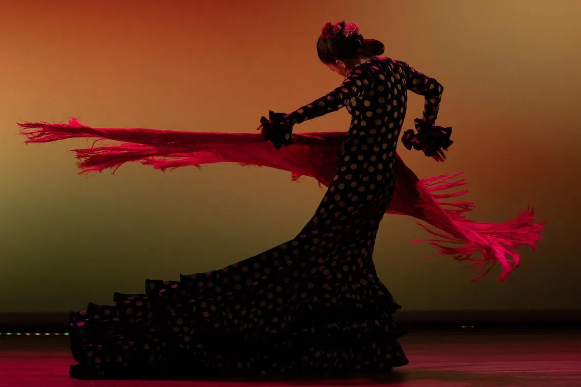 Dancer Salome Ramirez performs in the show 'Authentic Flamenco', the show of the Teatro Real in Madrid, at the Sao Pedro theater in Sao Paulo, Brazil, 14 December 2022. After a successful tour in the United States and India, the show has arrived in the country of samba and carnivals, this time by the dancer Eduardo Guerrero and his work 'Faro'.  