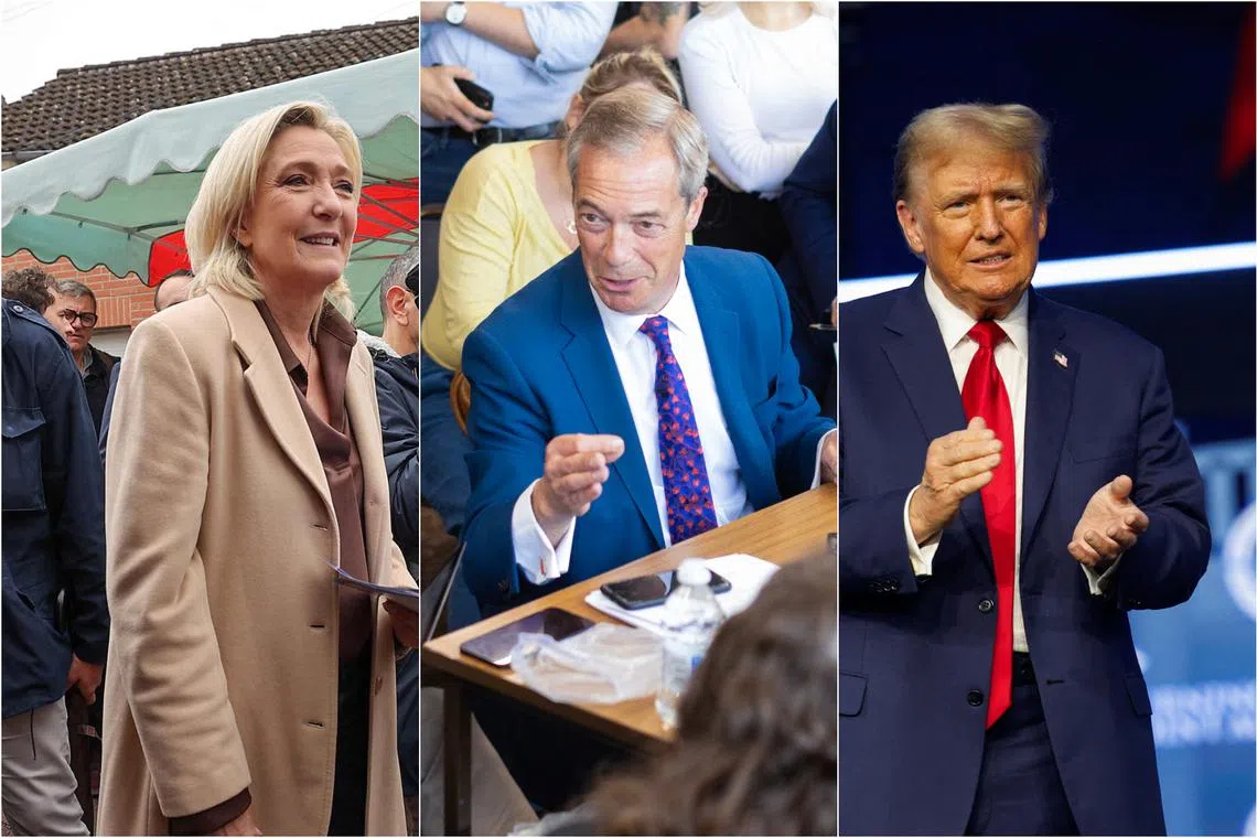 (From left) France's Ms Marine Le Pen, Britain's Mr Nigel Farage, and former US president Donald Trump.