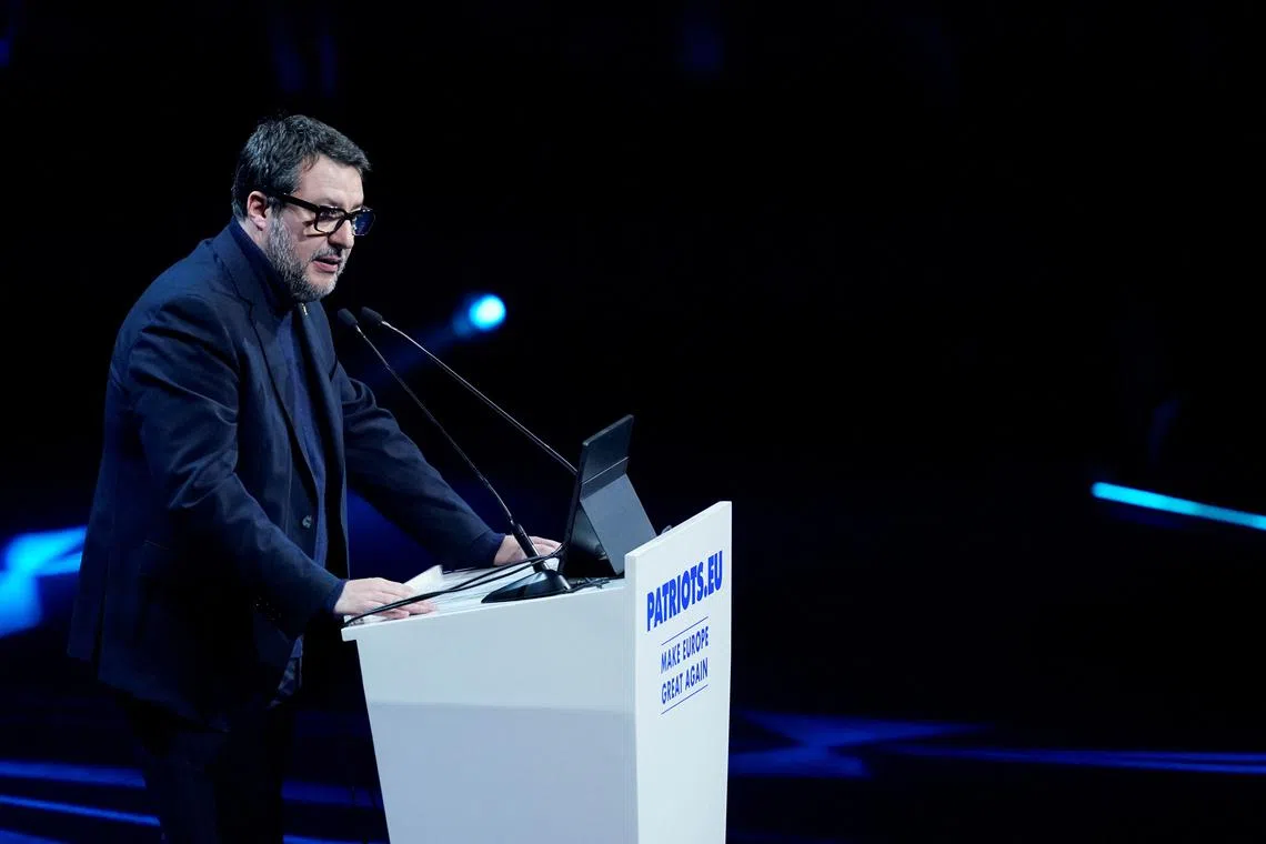 FILE PHOTO: Italian Deputy Prime Minister Matteo Salvini speaks at Spanish far-right party VOX rally, in Madrid, Spain, February 8, 2025. REUTERS/Ana Beltran/File Photo