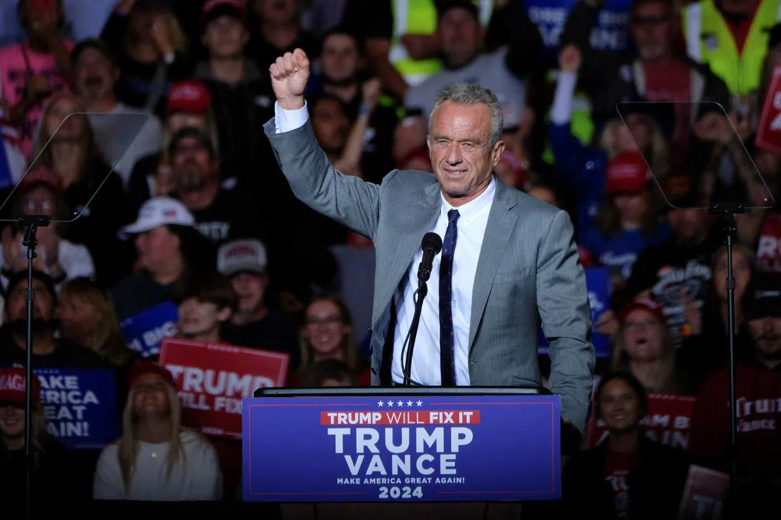 Robert F. Kennedy Jr. attends a campaign event for Republican presidential nominee and former U.S. President Donald Trump in Milwaukee, Wisconsin, U.S. November 1, 2024.  REUTERS/Joel Angel Juarez/File Photo