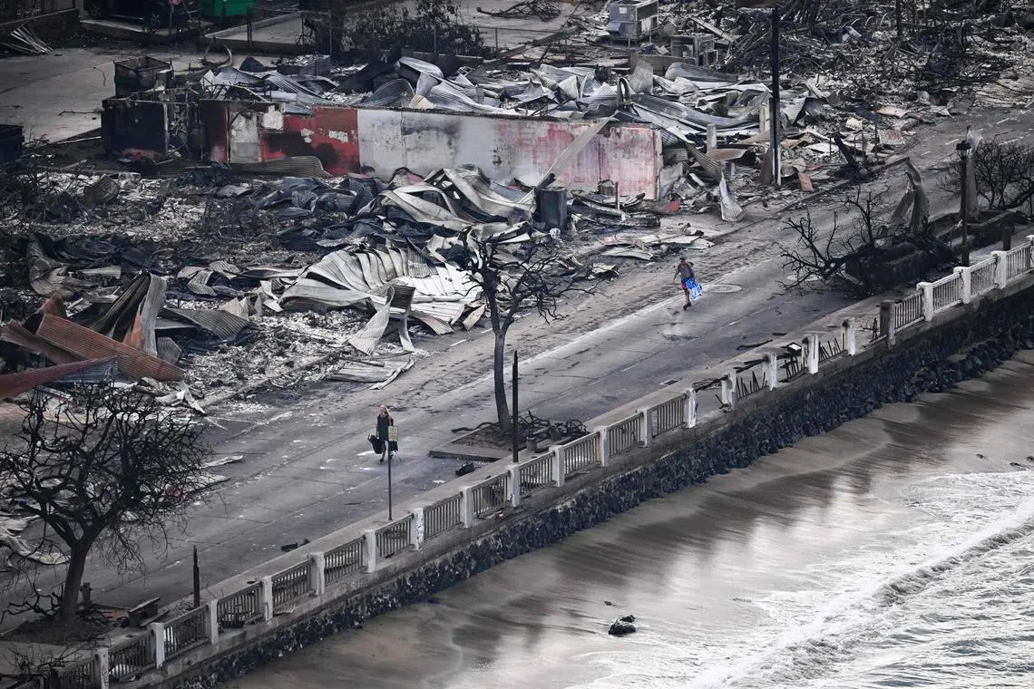 An aerial image taken on Aug 10, shows a person walking down Front Street, past destroyed buildings burned to the ground in Lahaina in the aftermath of wildfires in western Maui, Hawaii.  
