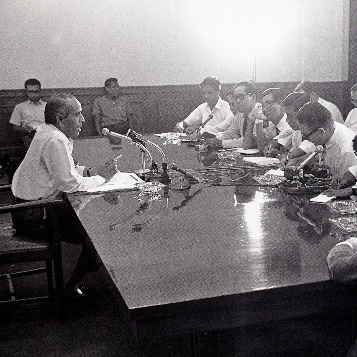 Mr S. Rajaratnam briefing the press during his first week as foreign minister of newly independent Singapore in 1965.