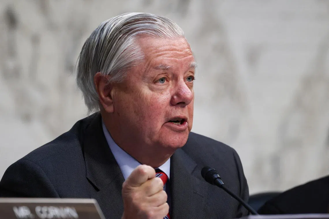 FILE PHOTO: U.S. Senator Lindsey Graham (R-SC) speaks as Kash Patel, U.S. President Donald Trump's nominee to be director of the FBI, testifies before a Senate Judiciary Committee confirmation hearing on Capitol Hill in Washington, U.S., January 30, 2025. REUTERS/Evelyn Hockstein/File Photo