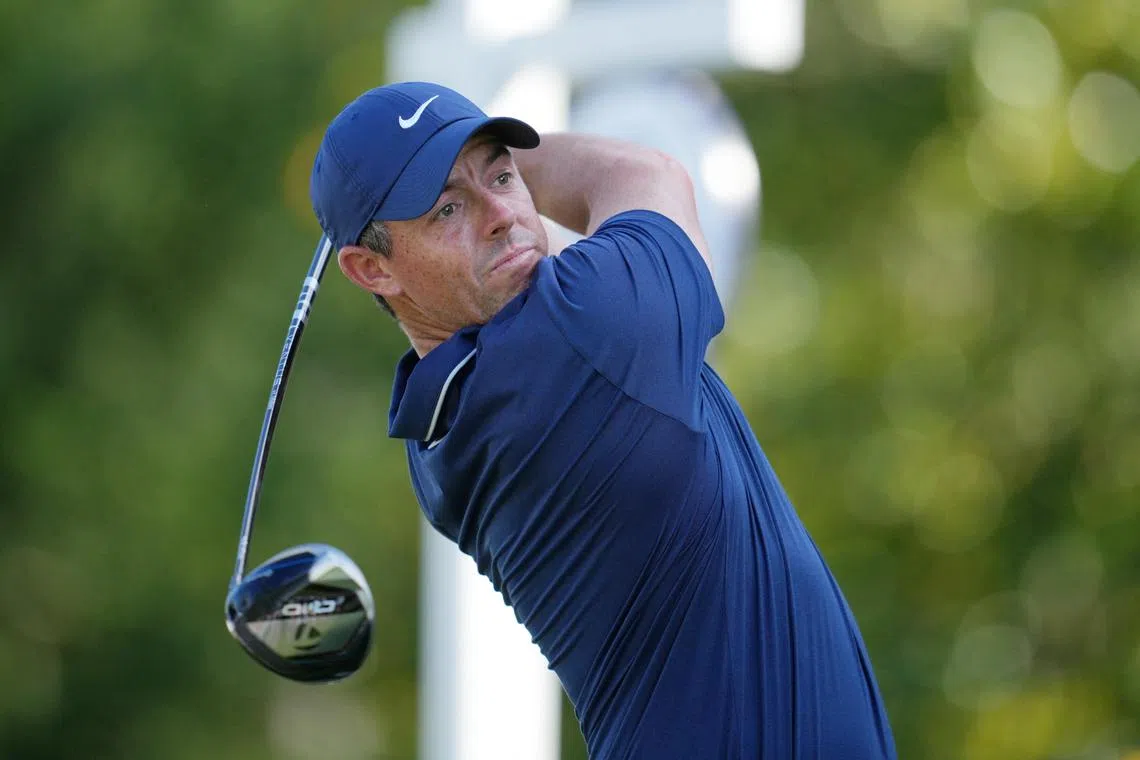 Rory McIlroy tees off on the third hole during the third round of the PGA Championship golf tournament at Quail Hollow. 