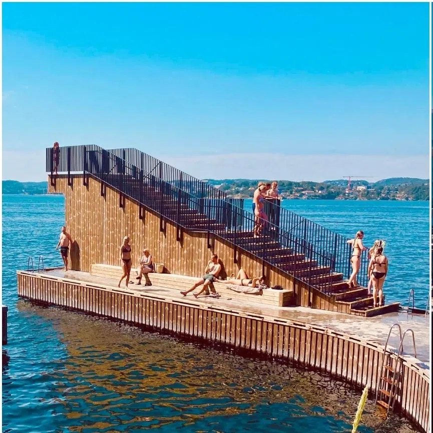 Kristiansand's public sunbathing areas in Norway (left) and the Oslo Opera House with floating saunas in the foreground.