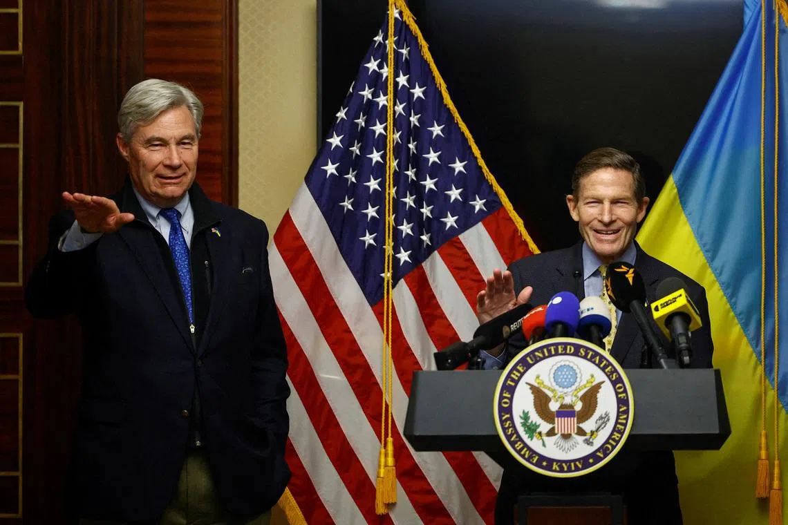 U.S. Senators Richard Blumenthal (D-CT) and Sheldon Whitehouse (D-RI) speak to the media after their meeting with Ukraine's President Volodymyr Zelenskiy, amid Russia's attack on Ukraine, in Kyiv, Ukraine February 16, 2026. REUTERS/Valentyn Ogirenko