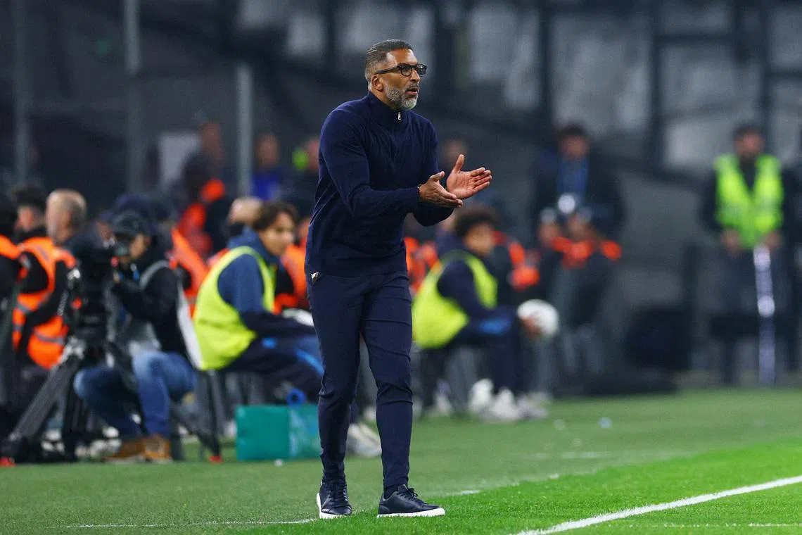 FILE PHOTO: Soccer Football - Ligue 1 - Olympique de Marseille v Olympique Lyonnais - Orange Velodrome, Marseille, France - March 1, 2026 Olympique de Marseille coach Habib Beye reacts REUTERS/Manon Cruz/File Photo