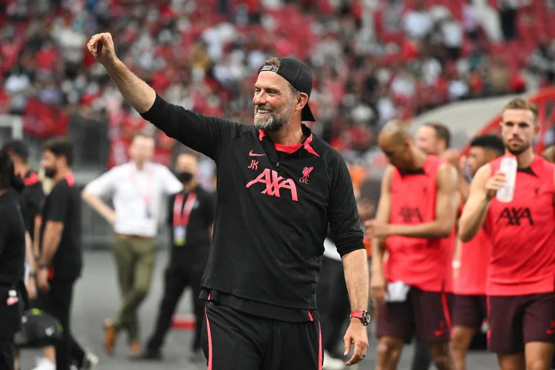 Liverpool’s Jurgen Klopp waving to fans after their open training session at the National Stadium on July 29. The team is in Singapore for the Standard Chartered Singapore Trophy 2022.