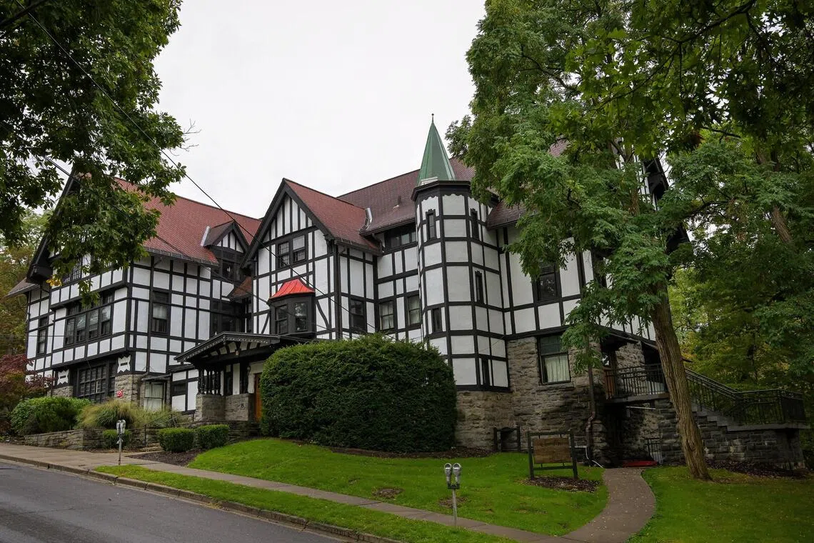 The Chi Phi fraternity house, which was shut down in 2024, at Cornell University in Ithaca, N.Y., Sept. 28, 2026. A former Cornell University student filed a lawsuit saying she was sexually assaulted by seven members of the Chi Phi fraternity at a house party on campus. (Heather Ainsworth/The New York Times)