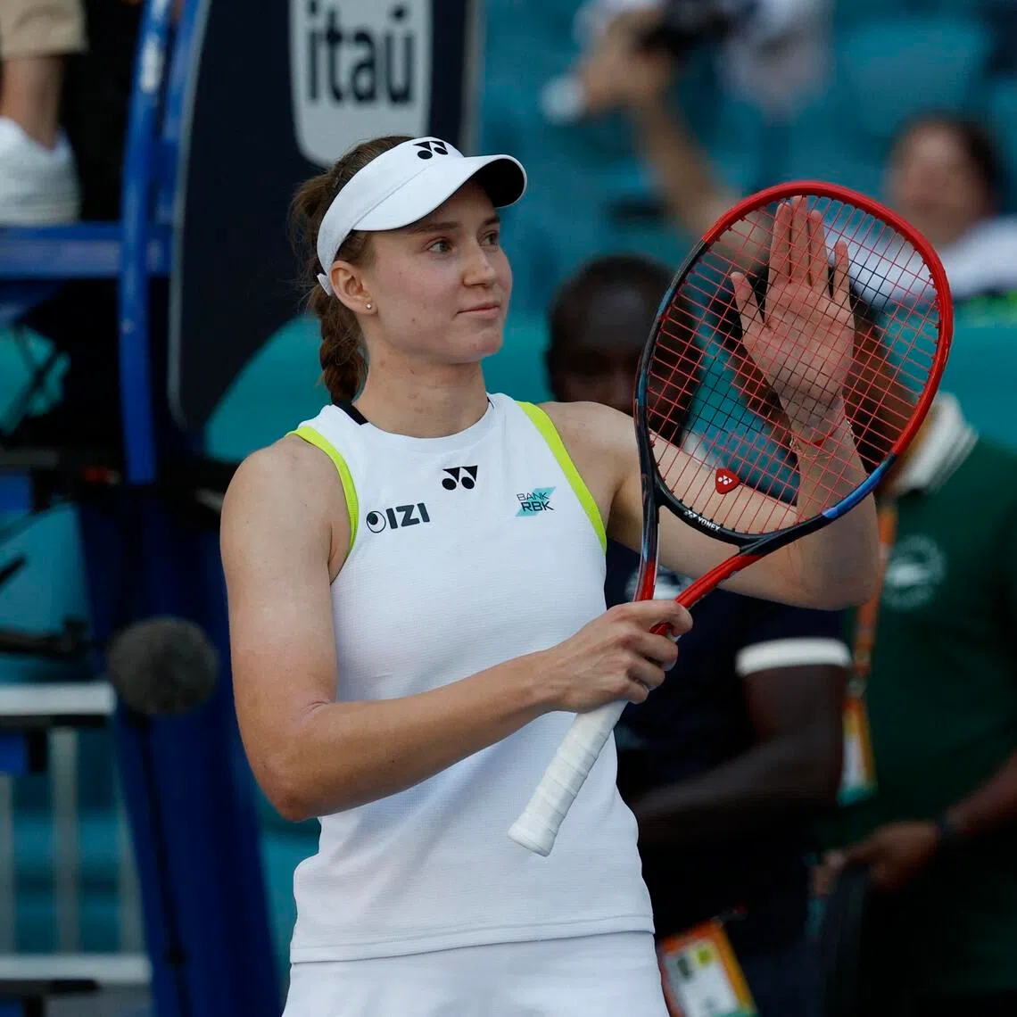 Elena Rybakina acknowledging the crowd after her March 25 match against Jessica Pegula.