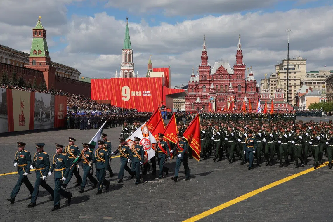 Russian service members march in columns during a military parade on Victory Day, marking the 80th anniversary of the victory over Nazi Germany in World War Two, in Red Square in central Moscow, Russia, May 9, 2025. REUTERS/Anton Vaganov