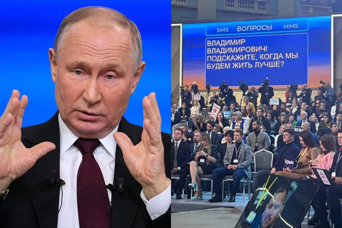 Questions sent by viewers appeared seemingly unfiltered on screen, during Mr Putin's four-hour press conference.