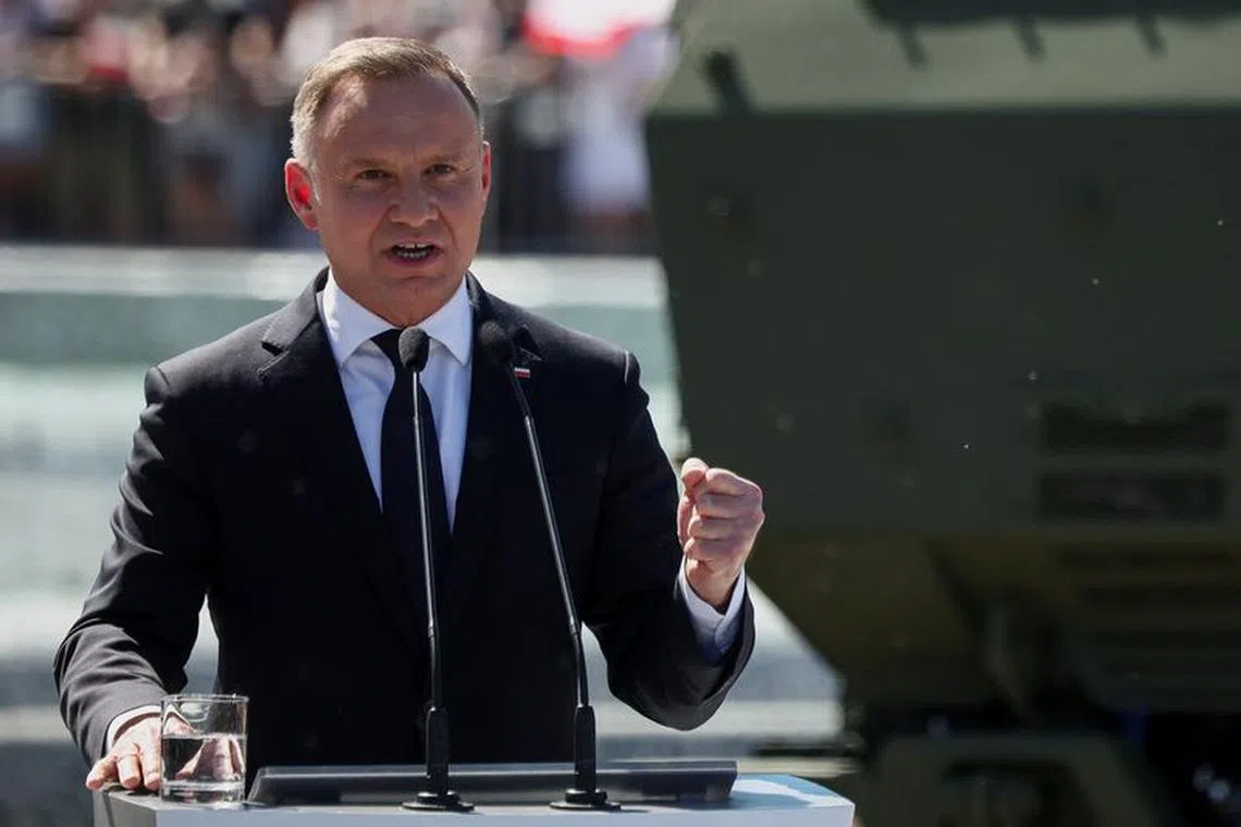 FILE PHOTO: Polish President Andrzej Duda speaks as he attends the military parade on Armed Forces Day, celebrated annually on August 15 to commemorate Poland's victory over the Soviet Union's Red Army in 1920, in Warsaw, Poland, August 15, 2023. REUTERS/Kacper Pempel/File Photo