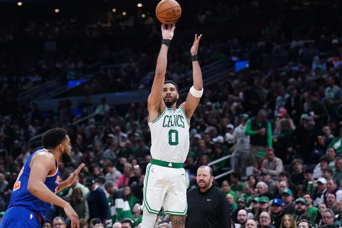Boston Celtics forward Jayson Tatum shot four of 15 from three-point range during their 108-105 NBA Eastern Conference semi-finals Game 1 loss against the New York Knicks at TD Garden on May 5.