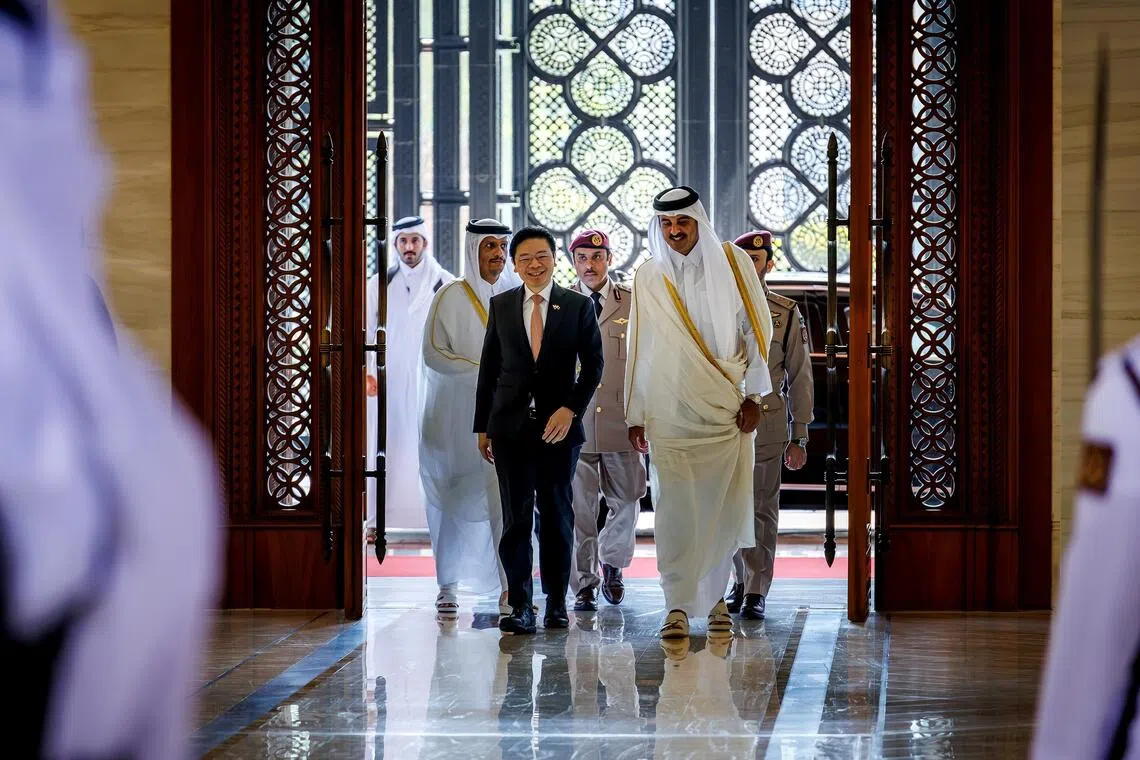 Prime Minister Lawrence Wong met with Qatar’s Emir Sheikh Tamim bin Hamad Al Thani at the Amiri Diwan in Doha on Oct 19.