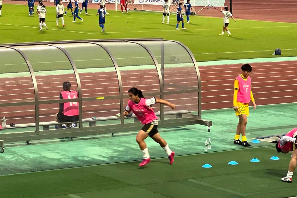 Singapore’s Danelle Tan (centre) warms up during Tokyo Verdy Beleza’s 1-0 League Cup win at Chifure AS Elfen Saitama on Sept 21, but did not play.