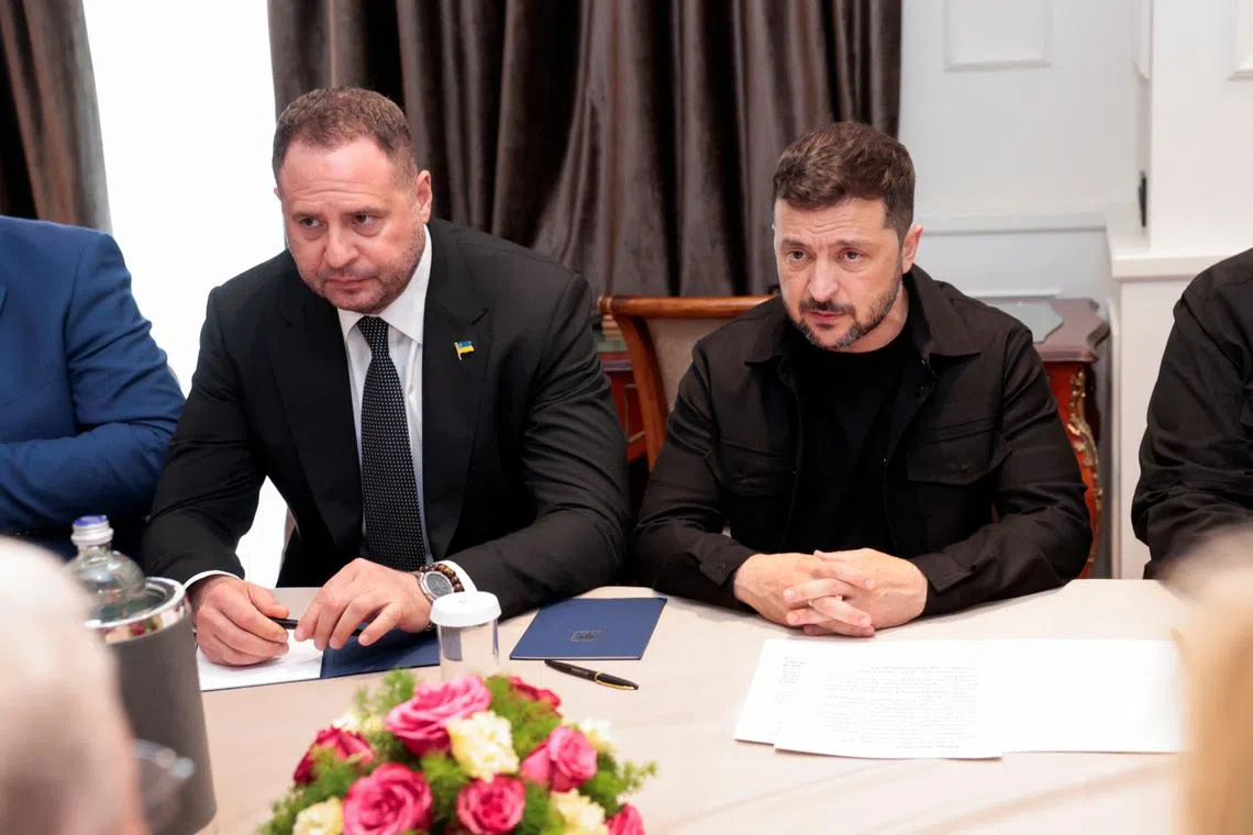 Ukrainian President Volodymyr Zelensky (right) and Presidential Office head Andriy Yermak at a meeting in July.