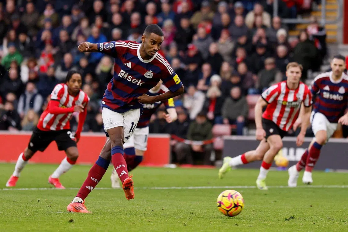 Newcastle United's Alexander Isak scoring their first goal from the penalty spot on Jan 25.