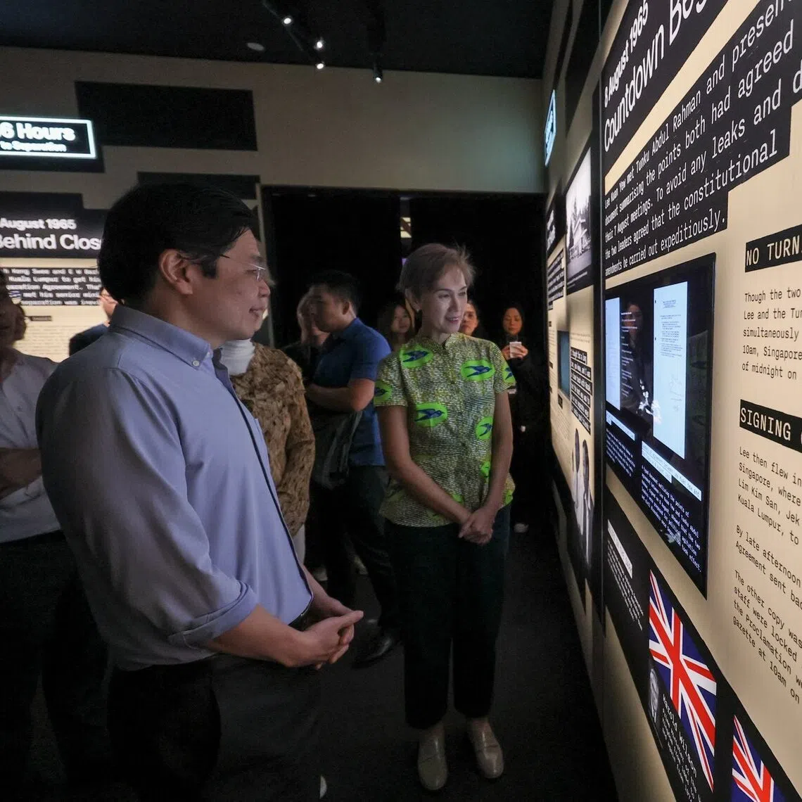 Prime Minister Lawrence Wong and Digital Development and Information Minister Josephine Teo at The Albatross File: Singapore’s Independence Declassified exhibition.