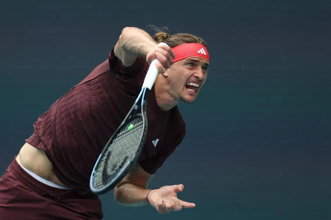 Alexander Zverev of Germany serves against Jordan Thompson of Australia during Day 7 of the Miami Open.