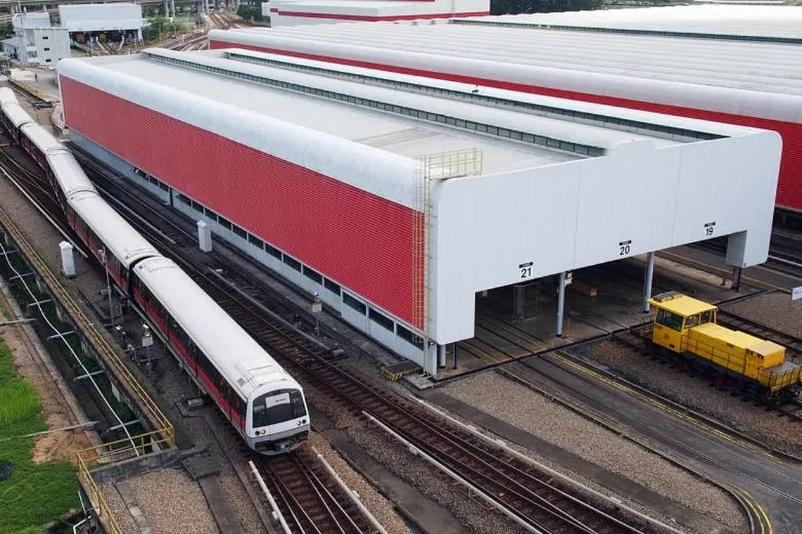 File photo of an SMRT train at Bishan Depot. A technical officer died while working at Bishan Depot in March 2020.