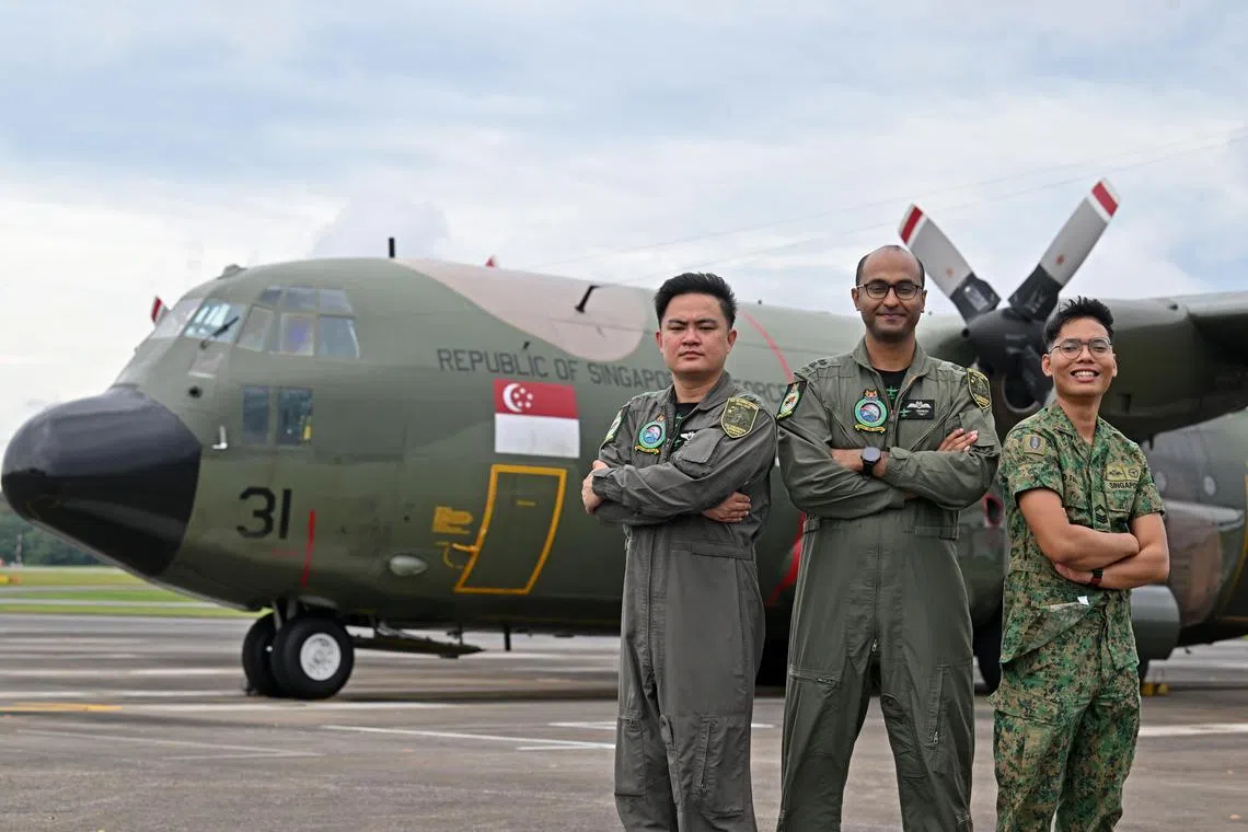 (From left) 3rd Warrant Officer Keith Ho Kee Hao, Lieutenant Colonel C. Teeneshwaran and 1 Sergeant Muhammad Faisal Sharudin were involved in the airdrop mission.