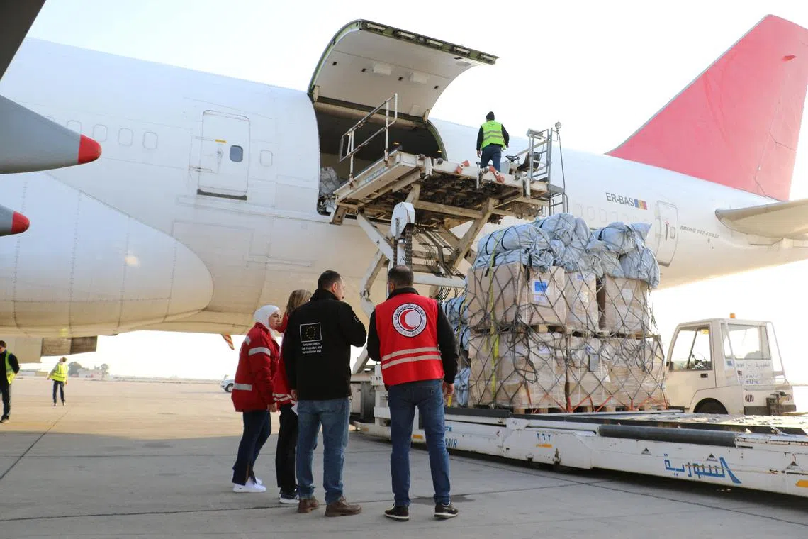 European Union (EU) humanitarian aid arrives on a plane at Damascus International Airport, in the aftermath of a deadly earthquake, in Syria on Feb 26, 2023. 