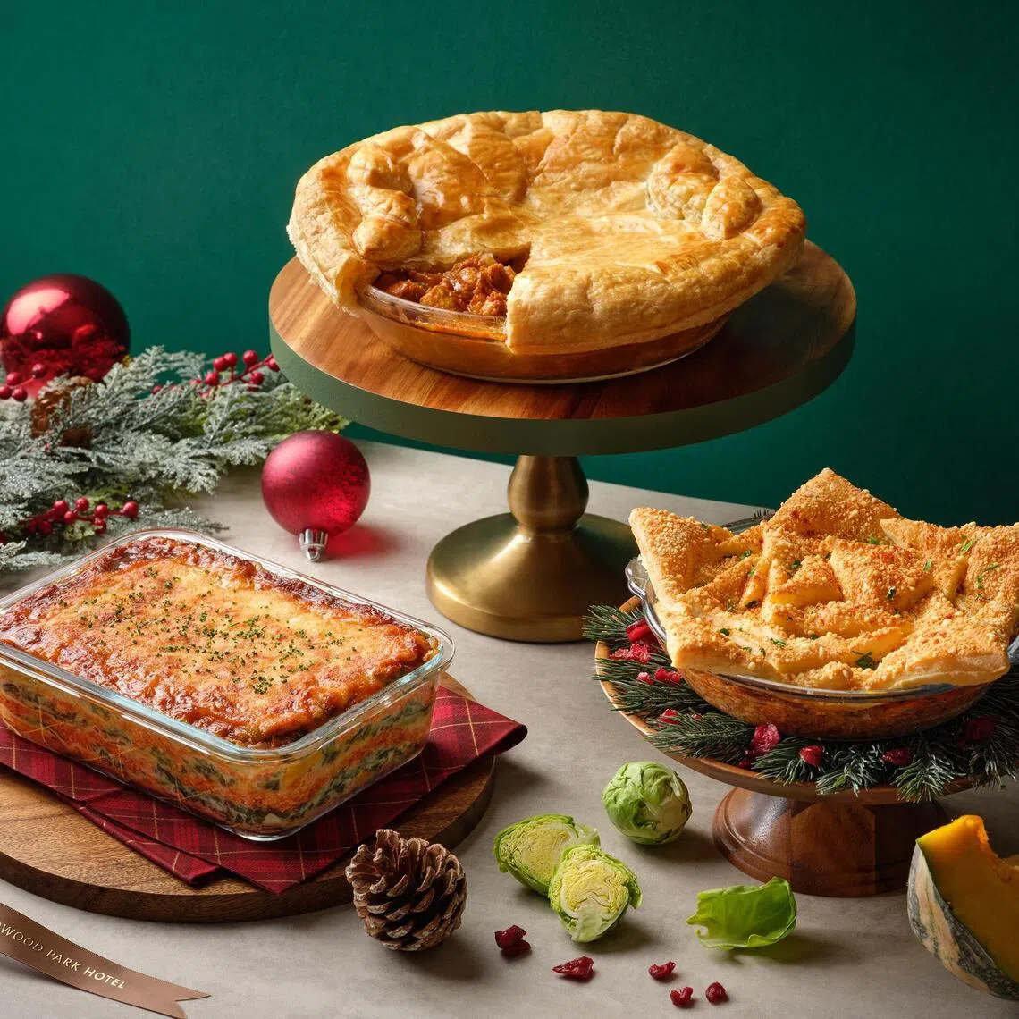 Goodwood Park Hotel's (clockwise from top) Curry Turkey Potato Pot Pie, Turkey Pot Pie and Turkey Spinach Lasagne.