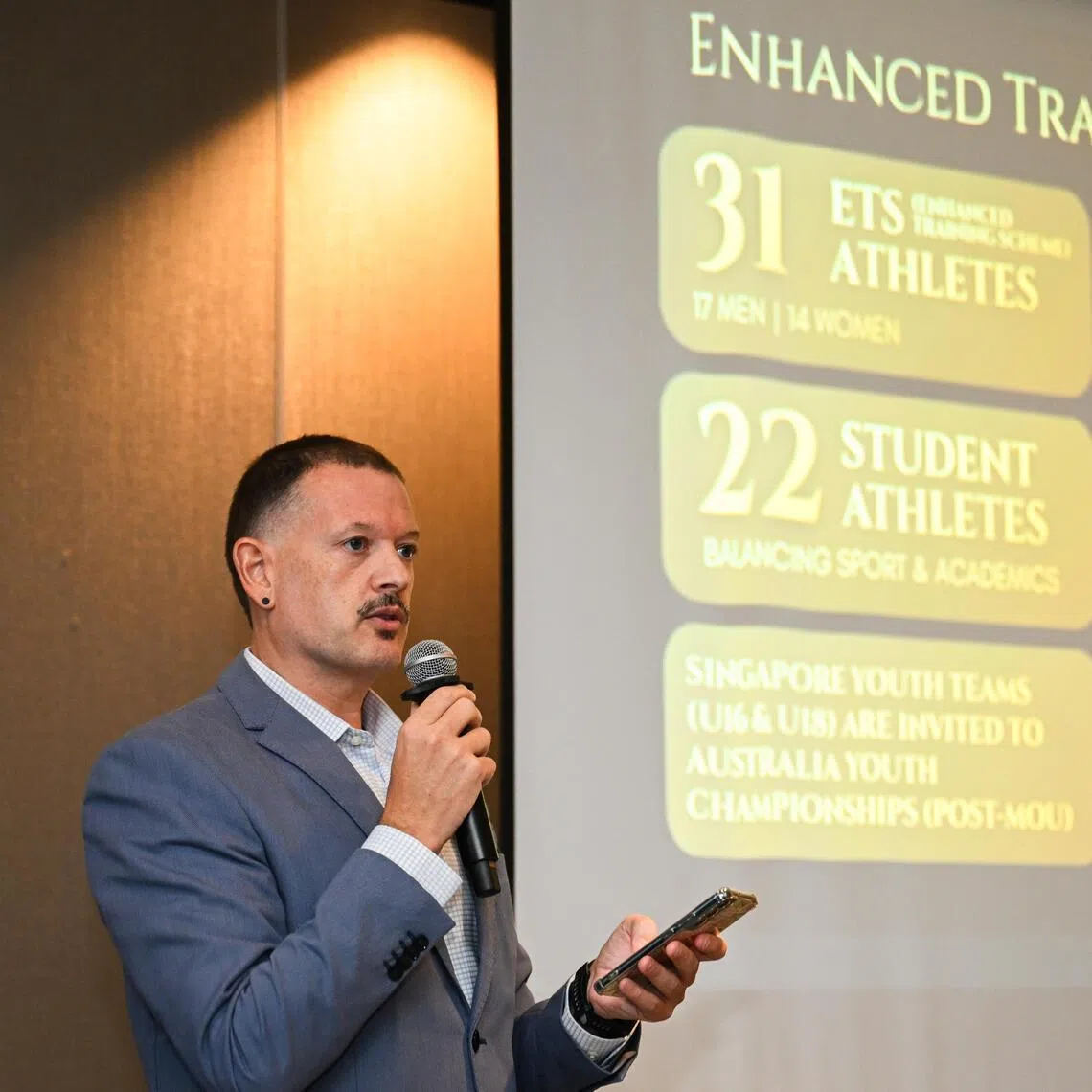 Mr Jon Jayo, assistant technical director of Water Polo, speaking at Raffles City Convention Centre on May 9, 2026.