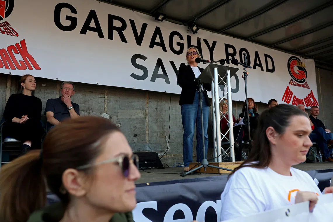 Northern Ireland First Minister, Michelle O'Neill speaks at a protest against an Orange Order parade on the Garvaghy Road, in Portadown, Northern Ireland, October 3, 2026. REUTERS/Cathal McNaughton