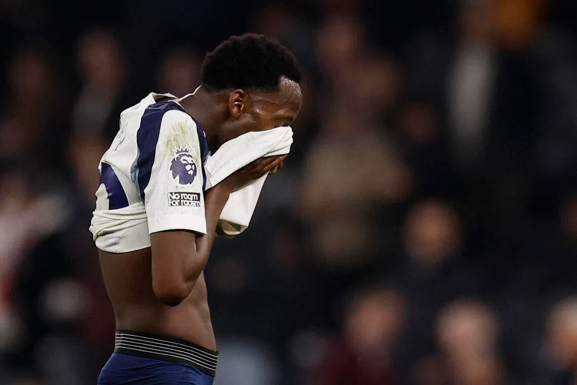 Tottenham Hotspur's Pape Matar Sarr looking dejected after their March 5 defeat by Crystal Palace.