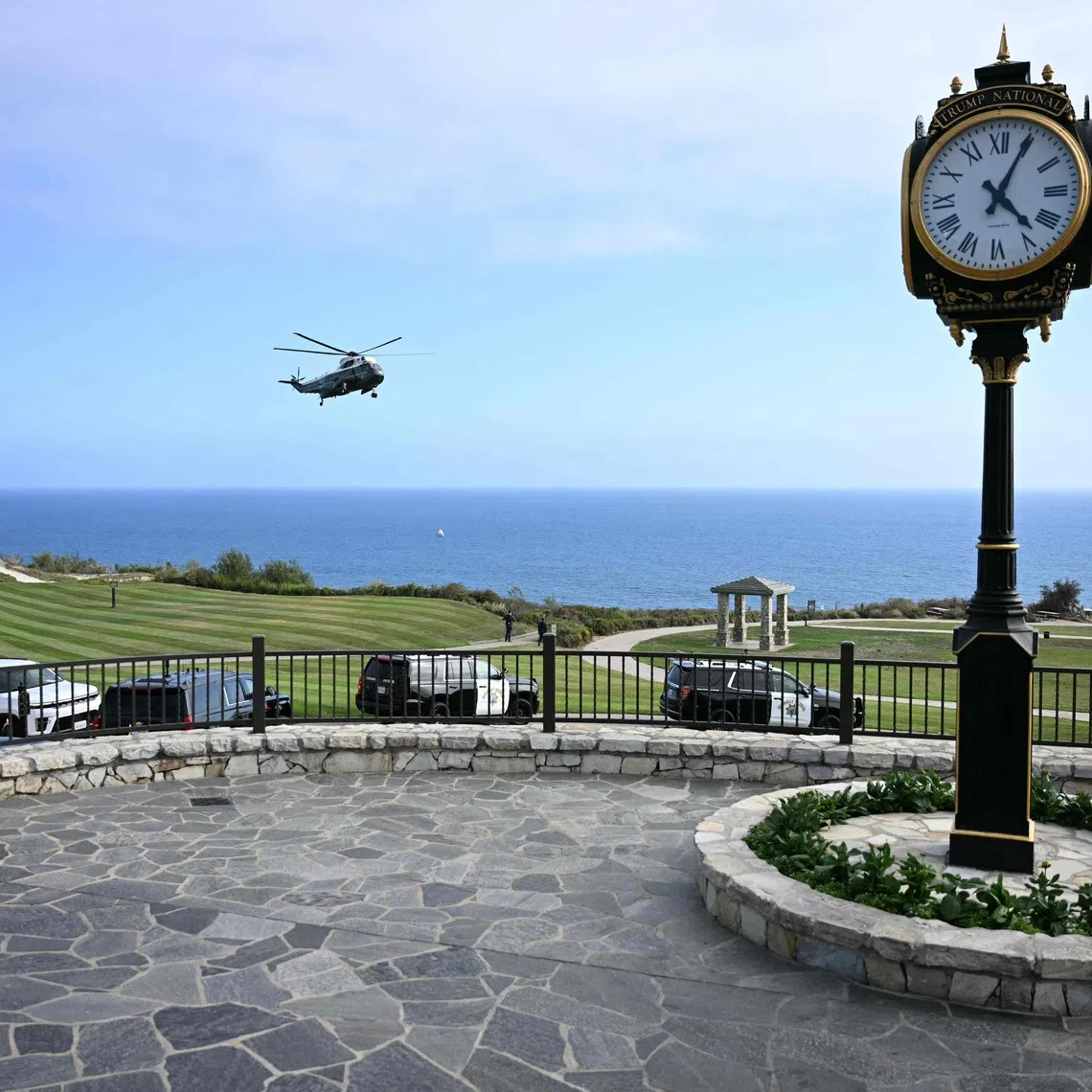 Marine One helicopters land at the Founders Park Landing Zone near Trump National Golf Club Los Angeles in Rancho Palos Verdes, California, on Aug 4.
