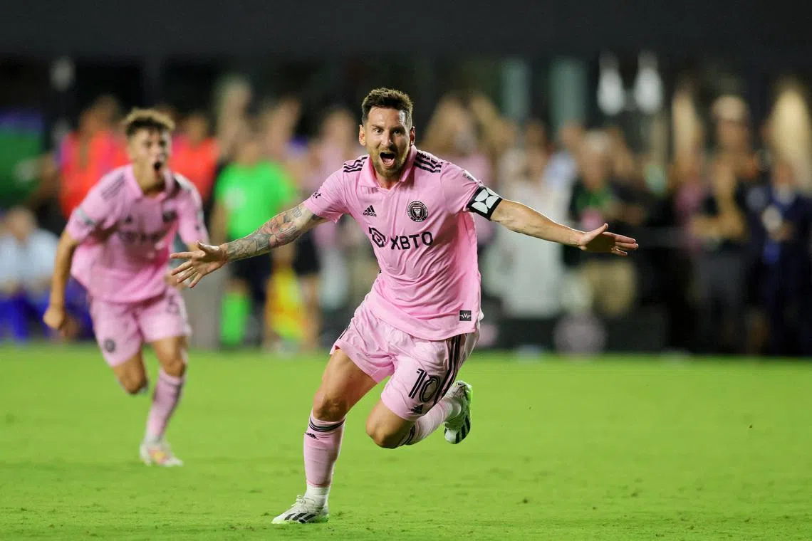 FILE PHOTO: Jul 21, 2023; Fort Lauderdale, FL, USA; Inter Miami CF forward Lionel Messi (10) celebrates after scoring a goal against Cruz Azul during the second half at DRV PNK Stadium. Mandatory Credit: Sam Navarro-USA TODAY Sports/File Photo