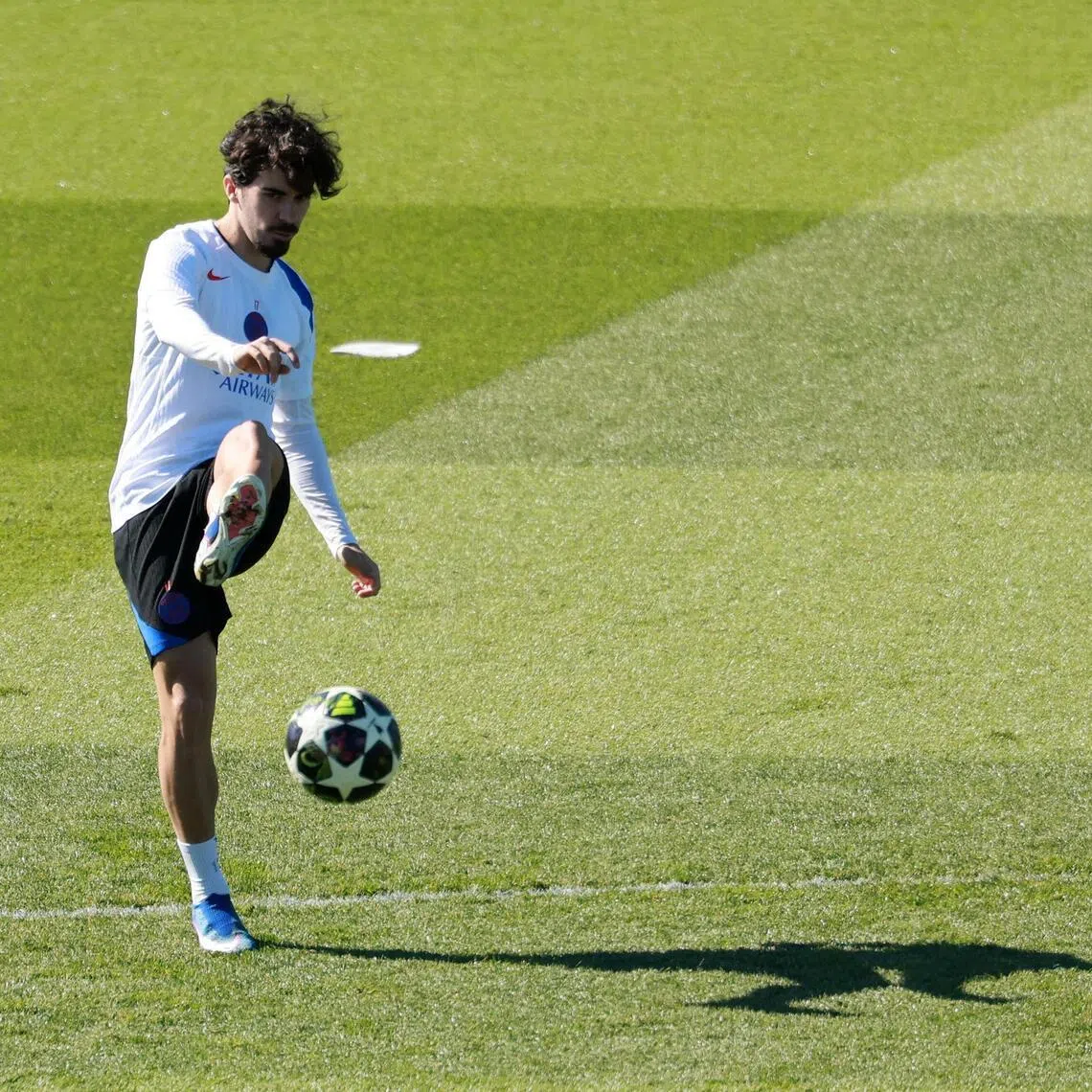Paris Saint-Germain midfielder Vitinha in action during training at Campus Paris St Germain in Poissy, France, on April 7, 2026.