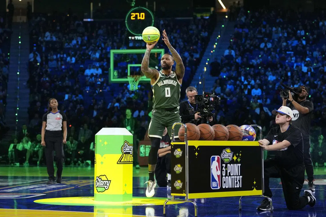 Milwaukee Bucks guard Damian Lillard competes in the three-point contest during All Star Saturday Night ahead of the 2025 NBA All Star Game at Chase Centre.