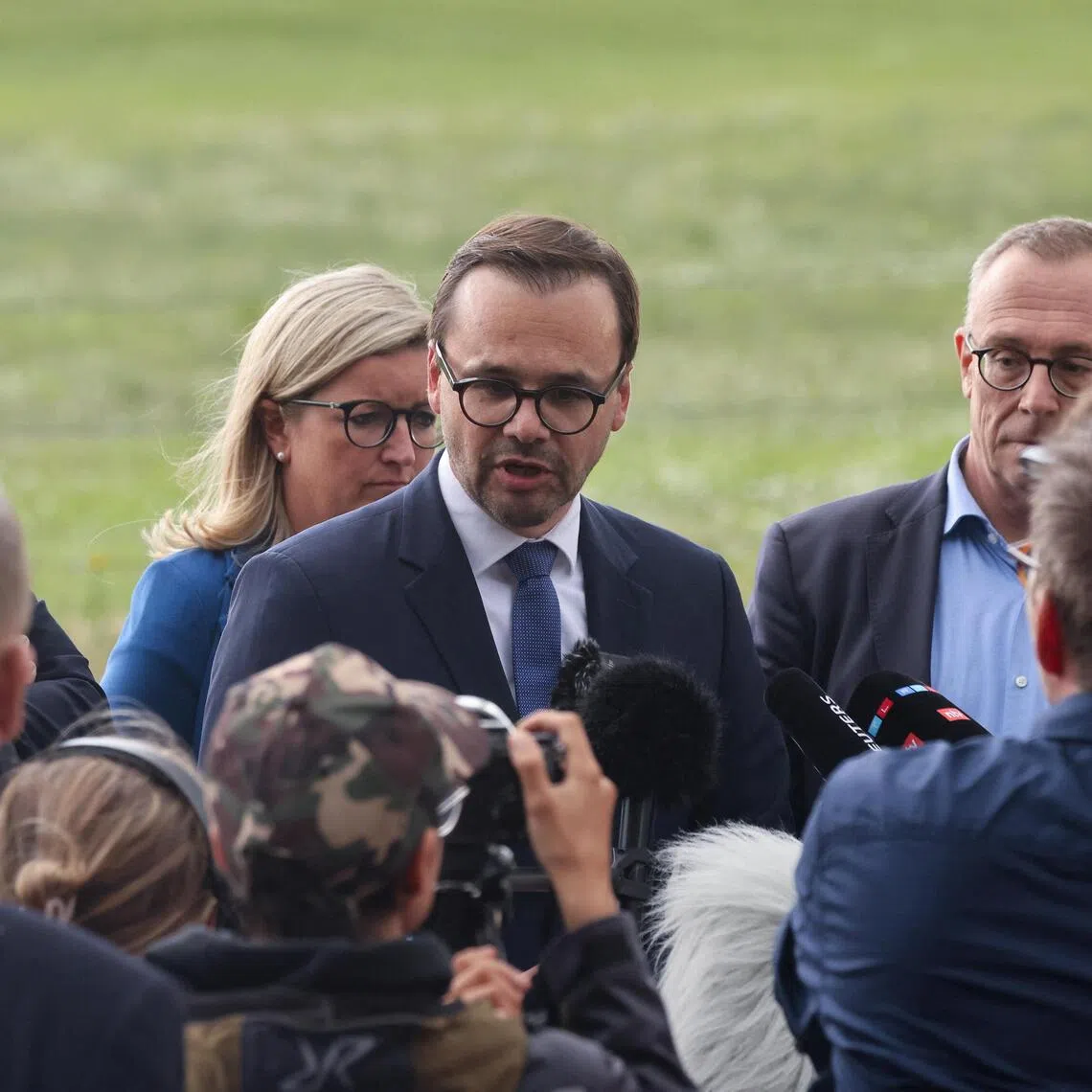 Brandenburg state minister Jan Redmann speaking to the media on Sept 1, after explosive devices were found at a substation in Turnow-Preilack, Germany.