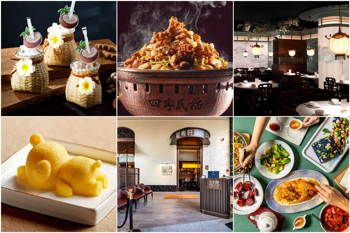 (Clockwise from top left) Hainan Assam Juice from Mr Hainan, Selected Grilled Lamb With Scallion from Peking Chamber, Longjing restaurant, dishes from The Soup Expert, Xing Yue Xuan restaurant and Lazy Bear Mango Pudding from Canton Paradise+.