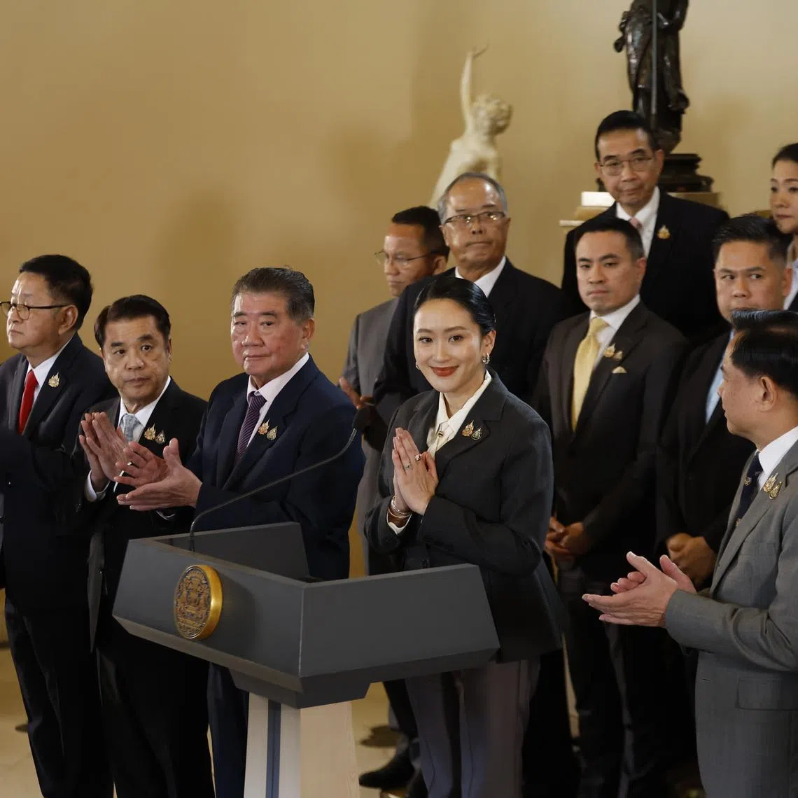 Ousted Thai prime minister Paetongtarn Shinawatra at a press conference to address her removal from office on Aug 29.