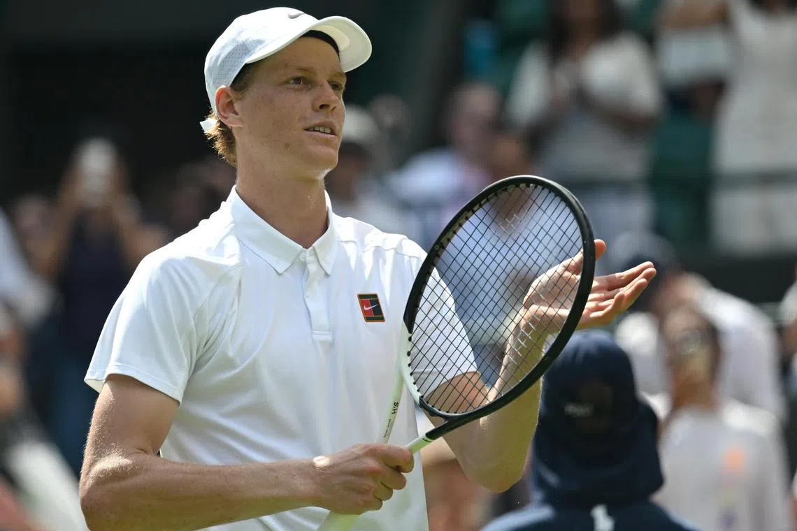 Italy's Jannik Sinner celebrates winning his first-round match against compatriot Luca Nardi on July 1.