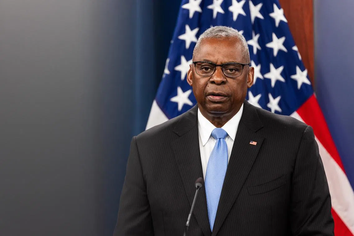 epa11495940 US Secretary of Defense Lloyd Austin speaks at a press conference at the Pentagon in Arlington, Virginia, USA, 25 July 2024. Austin, along with Chairman of the Joint Chiefs of Staff Charles Brown, took questions from reporters about Russian and Chinese bombers flying together off the coast of Alaska, and about US weapons sales to Israel. North American Aerospace Defense Command (NORAD) detected, tracked, and intercepted two Russian and two Chinese military aircraft operating in the Alaska Air Defense Identification Zone (ADIZ) on 24 July 2024, which according to a statement from NORAD, remained in international airspace and 'were not seen as a threat'.  EPA-EFE/JIM LO SCALZO
